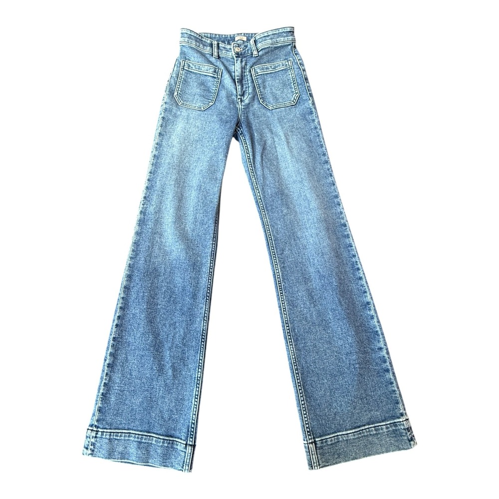 Faherty Wide Leg Jeans Womens 27 Blue High Rise Patch Pocket Stretch Denim Pants